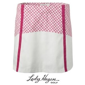 Lady Hagen Golf Skort Pink Crush Windowpane Block Ribbon Trim Pockets Sz S/2 NWT
